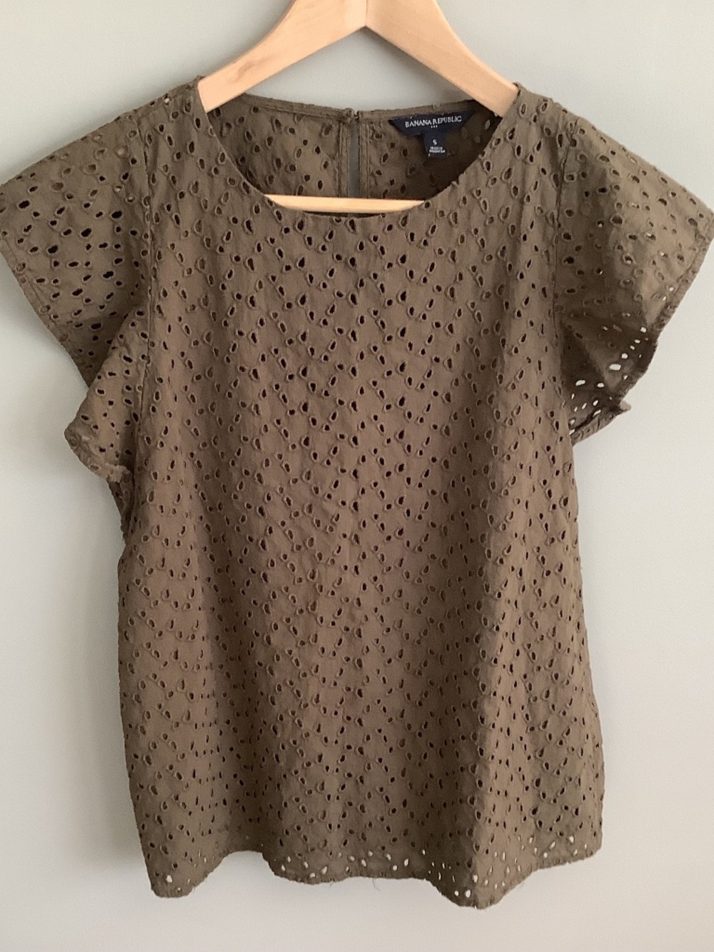 Olive / Army Green cotton eyelet flutter sleeve top